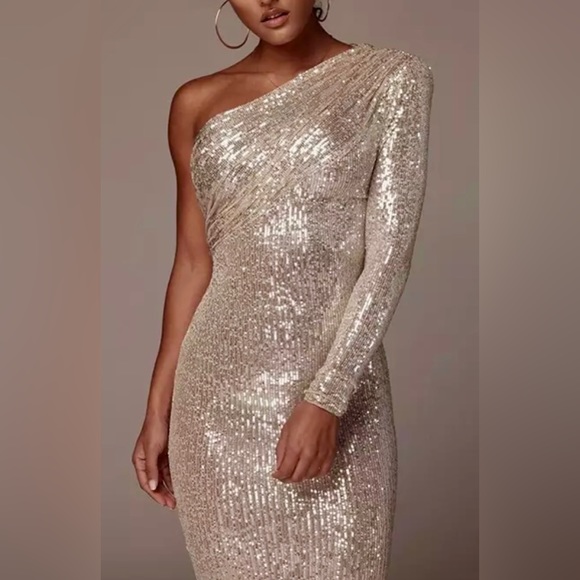 Karma One Shoulder Sequins Mesh Party Dress - Picture 3 of 8